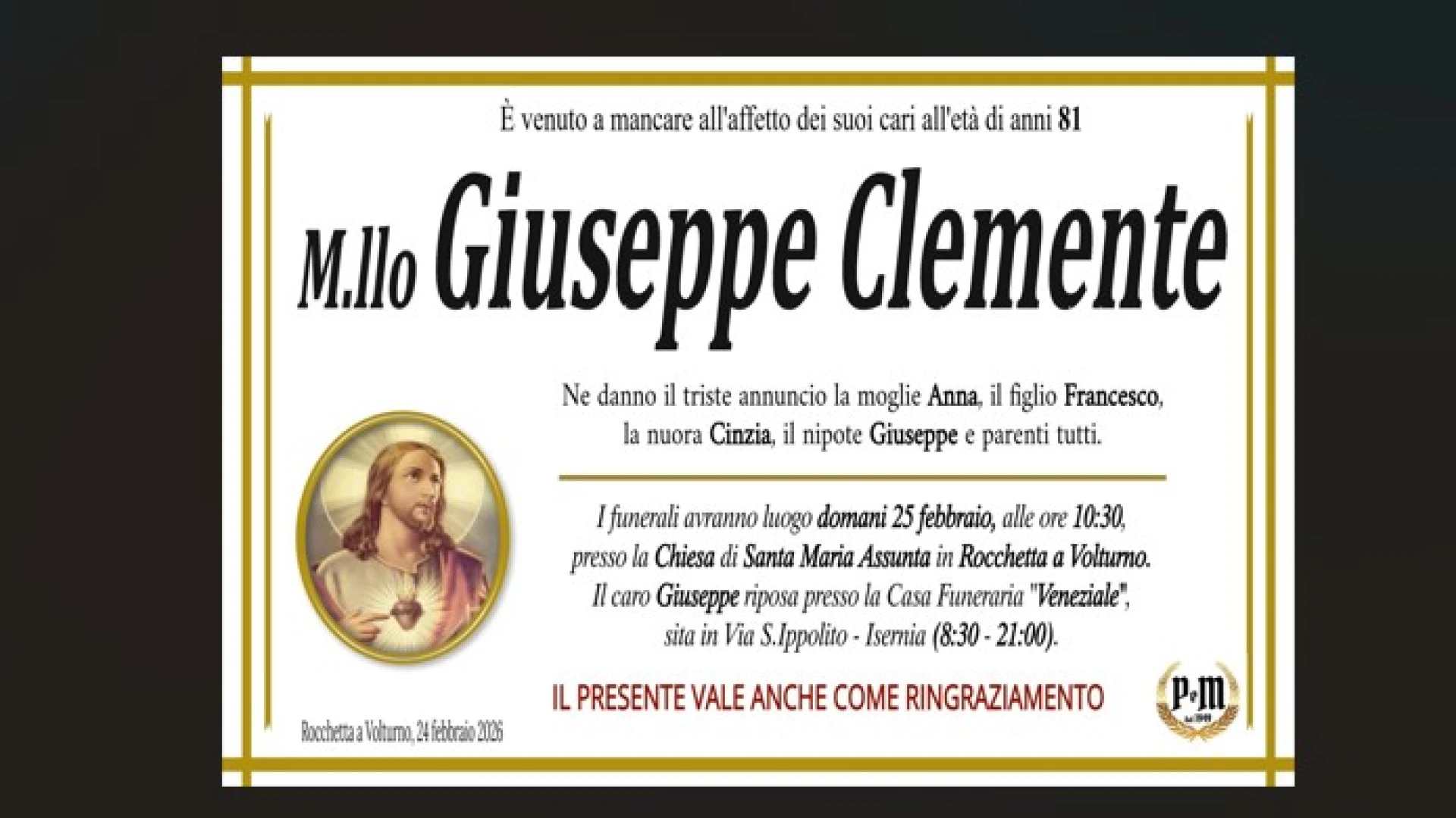 La Valle del Volturno saluta il Maresciallo dei Carabinieri Giuseppe Clemente. Storico comandante della Caserma di Colli a Volturno.